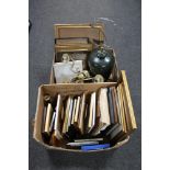 A box of antique and later picture frames, framed certificates of merit, pottery table lamp,