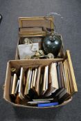 A box of antique and later picture frames, framed certificates of merit, pottery table lamp,