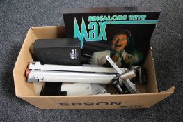 A box of Max Bygraves boxed set, camera tripod, digital organiser,