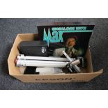 A box of Max Bygraves boxed set, camera tripod, digital organiser,