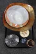 A tray of Art Deco glass bowl, marble goblets, Deco style glass paperweights,