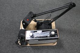 A Roberts R707 radio together with a magnifying angle lamp and pair of Canon binoculars