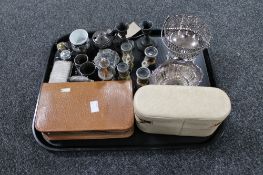 A tray of antique and later metal ware, opera glasses, plated dishes, candlesticks, cruet sets,