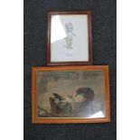 An early 20th century framed lithographic print depicting baby in crib together with a framed print