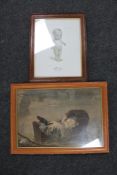 An early 20th century framed lithographic print depicting baby in crib together with a framed print