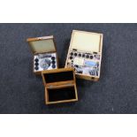 Two boxes of microscope accessories together with a further wooden box