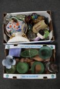 Two boxes of miscellaneous glass, paperweight, ironstone jug and basin, pottery vases,