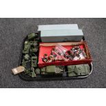 A tray of two boxed Atlas war ships, boxed vintage Britains mounted artillery with mule,