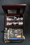 A part canteen of cutlery together with a tray of early 20th century plated wares, knife sharpener,