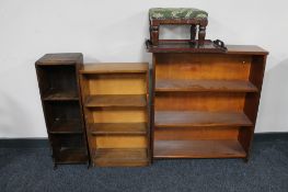 Three sets of 20th century open shelves together with an oak serving tray and stool