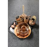 A tray of antique and later copper ware, poss stick, jugs, measures,