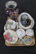 A tray of Japanese Imari vase, antique blue and white dish,