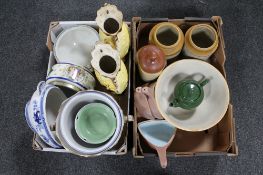 Two boxes of antique vases, stoneware jars, blue and white dish,