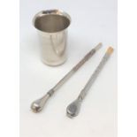 A white metal tea drinking straw stamped 800, another plated example and a plated beaker.