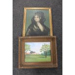 A gilt framed colour print of a lady in mourning dress together with a further oil on board