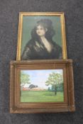 A gilt framed colour print of a lady in mourning dress together with a further oil on board