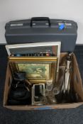 A Elsey hard shell luggage case together with a box of vintage camera, binoculars, hip flask,