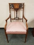 A Victorian inlaid mahogany salon armchair, width 54.