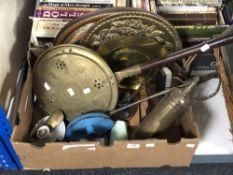 A box of brass bed warming pan, copper plates and plaques, vintage auto minimax fire extinguisher,
