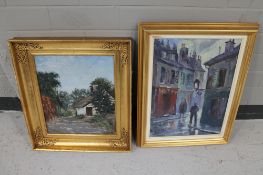 Two gilt framed continental school oils on canvas - Rural scene signed Kemmer dated 1927 together