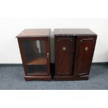 A contemporary mahogany audio cabinet together with media storage cabinet