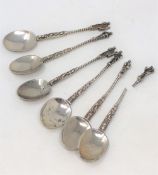 A set of six silver apostle spoons, foreign marks, one with broken finial.