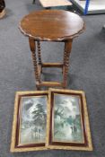 An oak pie crust edge occasional table together with two antique prints - rural street scenes