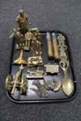 A tray of 20th century metal ware to include two bullet casings, door knockers, figures of miners,