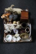 Two boxes of pottery animal figures, jewellery casket, tea china,