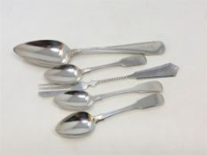 Three Georgian sterling silver teaspoons, 61g gross, together with a Dutch silver spoon and a fork,