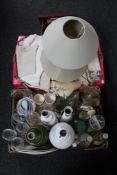 Two boxes of table lamp shades, lined curtains, glass ware, magazine rack,