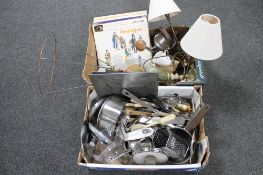 Two boxes of kitchen ware and utensils, lamps, records,