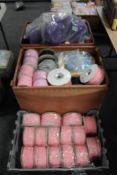 Two large storage bins, crate and bag of fabric trim,