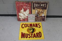 Four wooden signs "Colemans Mustard" "fresh farm eggs" "fresh farm diary" and "time for wine"