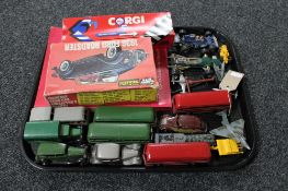 A tray of mid century die cast vehicles, buses, aircraft, Corgi Formula 1 cars, boxed hobby kits,