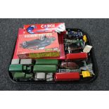 A tray of mid century die cast vehicles, buses, aircraft, Corgi Formula 1 cars, boxed hobby kits,