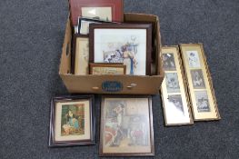 A box of Art Deco prints, two gilt frames containing postcards,