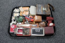 A tray of miscellaneous leather cased volt meter, sealing wax, manicure set,