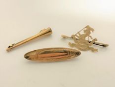 Three gold antique brooches including a hunting horn and West Riding Regiment, 7g.