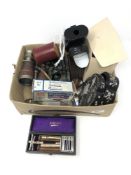 A box of collectables including binoculars, cased razor,