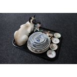 A tray of large pottery figure of a Siamese cat, china bird figures, Copeland Spode dishes,