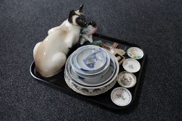 A tray of large pottery figure of a Siamese cat, china bird figures, Copeland Spode dishes,