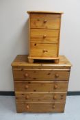 A pine four drawer chest and a pine bedside chest