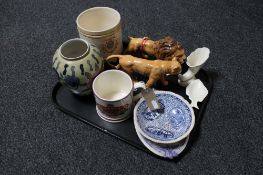 A tray of Beswick lion and lioness (a/f), Wade Sunderland mug, Tunstall planter,