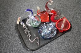 A tray of 20th century coloured glass, animal figures,
