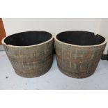 A pair of oak coopered whisky barrel planters