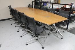A twin section boardroom table in a walnut finish, length 320 cm,