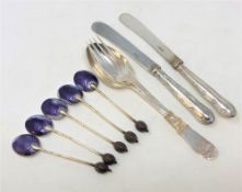 A set of five silver and enamel coffee spoons (a/f),