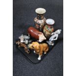 A tray of Melba Hereford bull, Spanish figure of a clown, pottery animal figures,