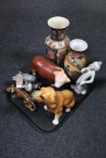 A tray of Melba Hereford bull, Spanish figure of a clown, pottery animal figures,